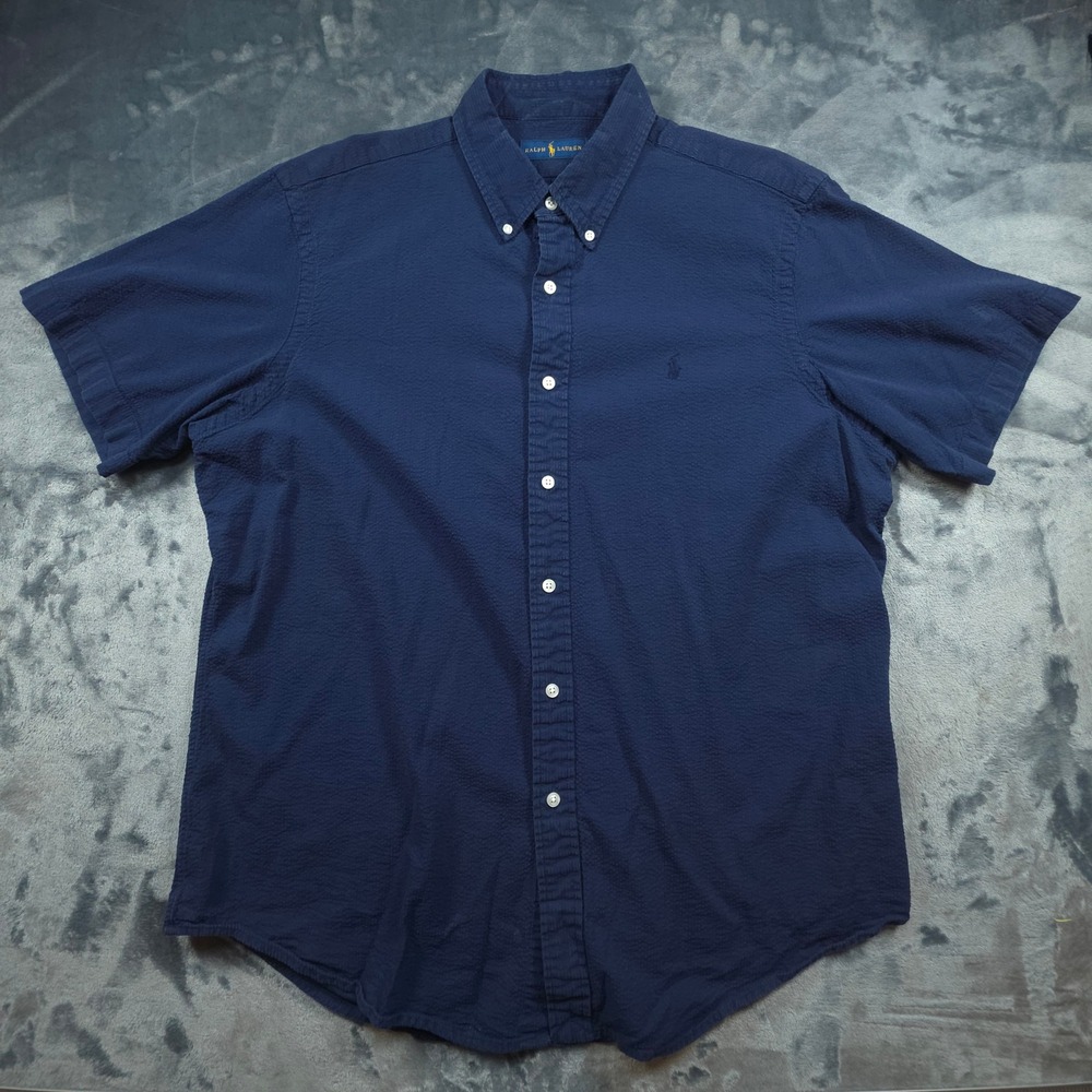 Ralph Lauren Mens XL Navy Blue Seersucker Short Sleeve Button Down Shirt
